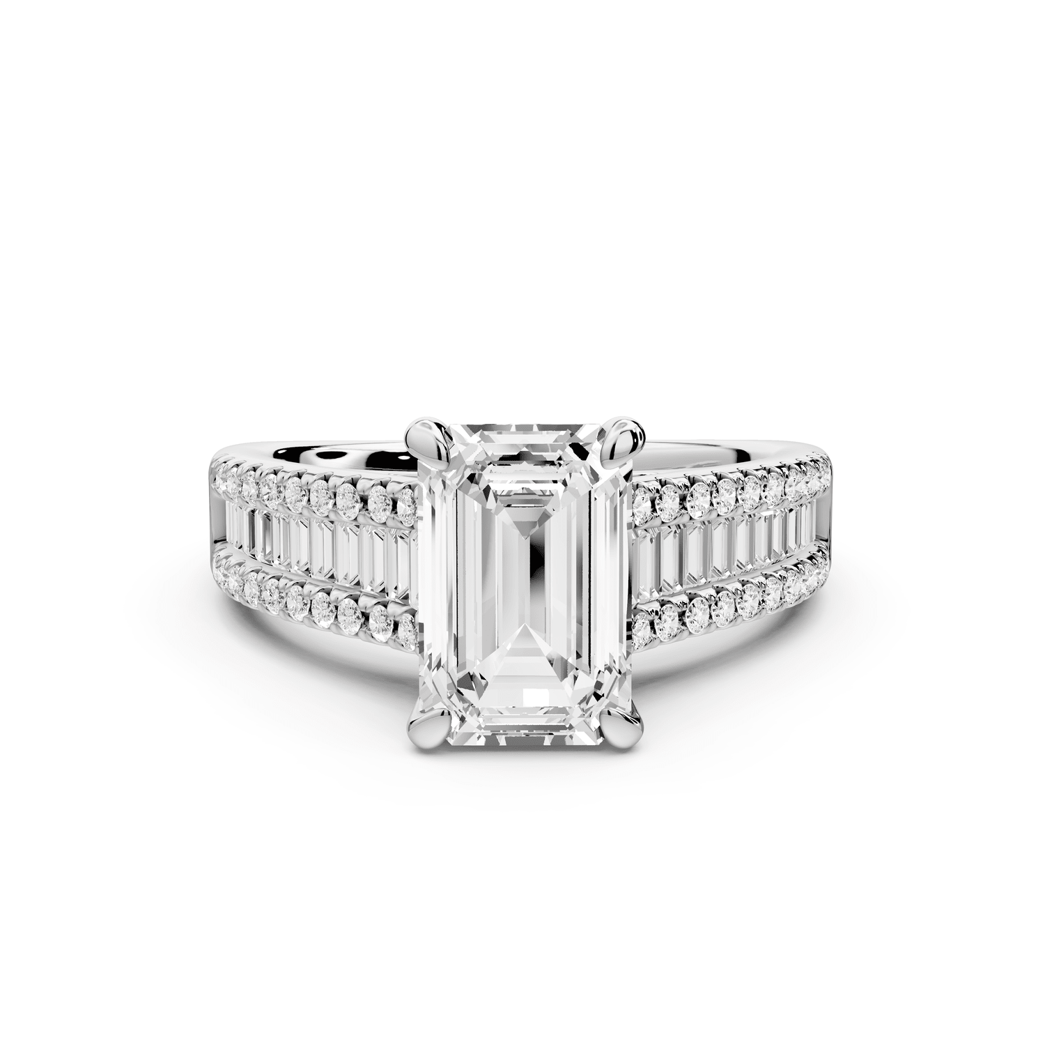 Estelle - 2ct platinum emerald diamond with emerald and round cut accent stones half band cathedral engagamengt ring - Mr. Alex Jewelry