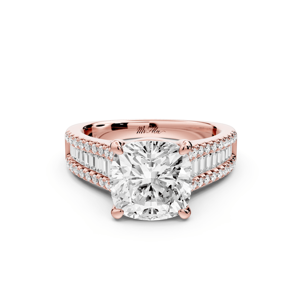 Estelle - 3ct 14k rose gold cushion diamond with emerald and round cut accent stones half band cathedral engagement ring - Mr. Alex Jewelry