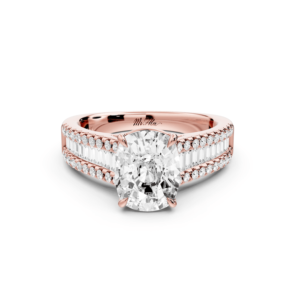 Estelle - 3ct 14k rose gold ecushion diamond with emerald and round cut accent stones half band cathedral engagement ring - Mr. Alex Jewelry