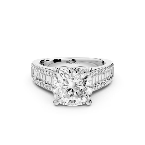 Estelle - 3ct 14k white gold cushion diamond with emerald and round cut accent stones half band cathedral engagement ring - Mr. Alex Jewelry
