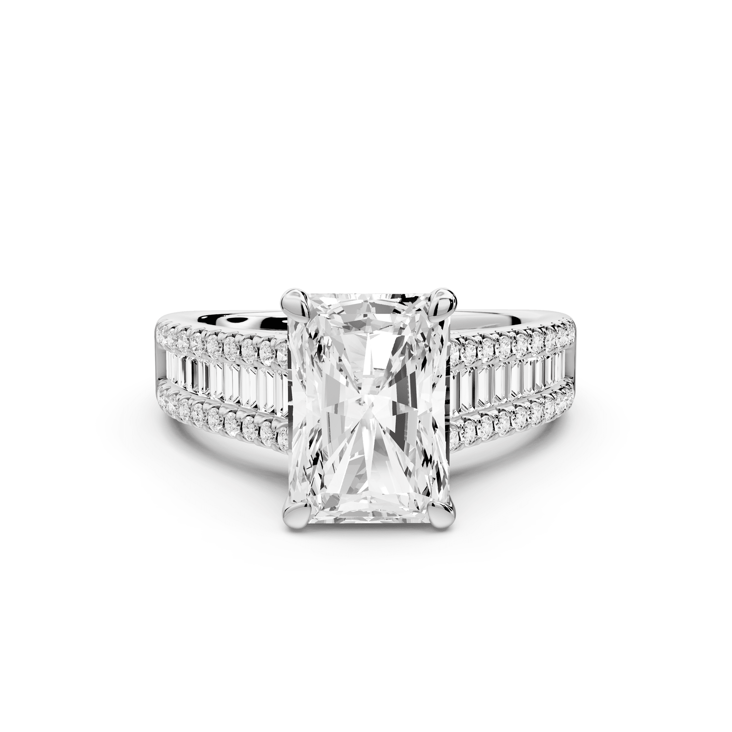 Estelle - 3ct 14k white gold radiant diamond with emerald and round cut accent stones half band cathedral engagement ring - Mr. Alex Jewelry