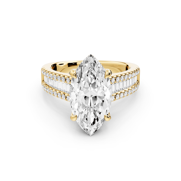 Estelle - 3ct 14k yellow gold marquise diamond with emerald and round cut accent stones half band cathedral engagement ring - Mr. Alex Jewelry