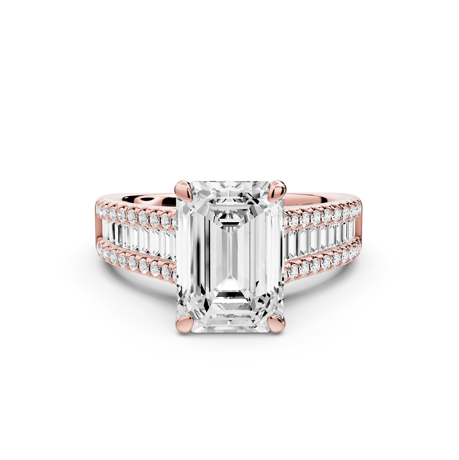 Estelle - 3ct 18k rose gold emerald diamond with emerald and round cut accent stones half band cathedral engagamengt ring - Mr. Alex Jewelry