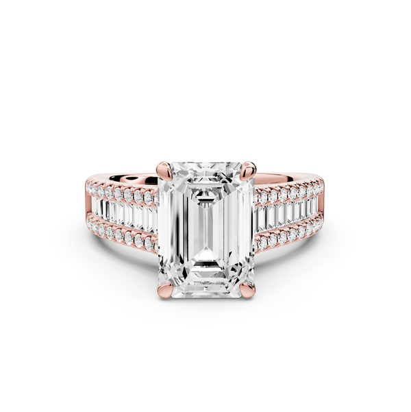 Estelle - 3ct 18k rose gold emerald diamond with emerald and round cut accent stones half band cathedral engagamengt ring - Mr. Alex Jewelry