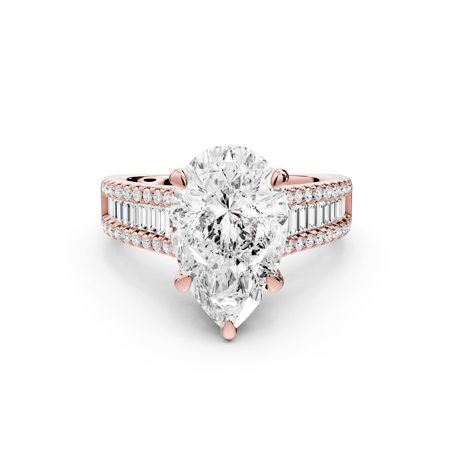Estelle - 3ct 18k rose gold pear diamond with emerald and round cut accent stones half band cathedral engagamengt ring - Mr. Alex Jewelry