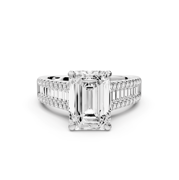 Estelle - 3ct 18k white gold emerald diamond with emerald and round cut accent stones half band cathedral engagamengt ring - Mr. Alex Jewelry