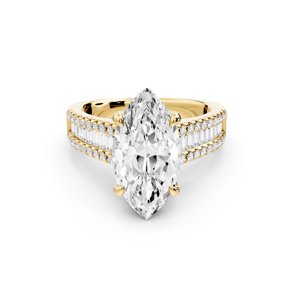 Estelle - 3ct 18k yellow gold marquise diamond with emerald and round cut accent stones half band cathedral engagement ring - Mr. Alex Jewelry