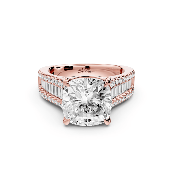 Estelle - 4ct 14k rose gold cushion diamond with emerald and round cut accent stones half band cathedral engagement ring - Mr. Alex Jewelry