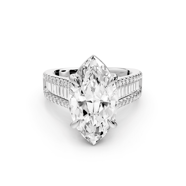 Estelle - 4ct 14k white gold marquise diamond with emerald and round cut accent stones half band cathedral engagement ring - Mr. Alex Jewelry