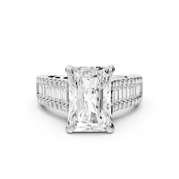 Estelle - 4ct 14k white gold radiant diamond with emerald and round cut accent stones half band cathedral engagement ring - Mr. Alex Jewelry