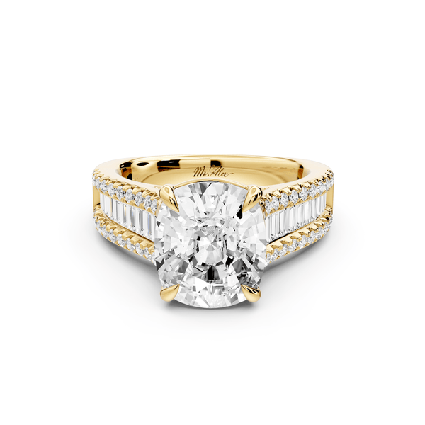 Estelle - 4ct 14k yellow gold ecushion diamond with emerald and round cut accent stones half band cathedral engagement ring - Mr. Alex Jewelry
