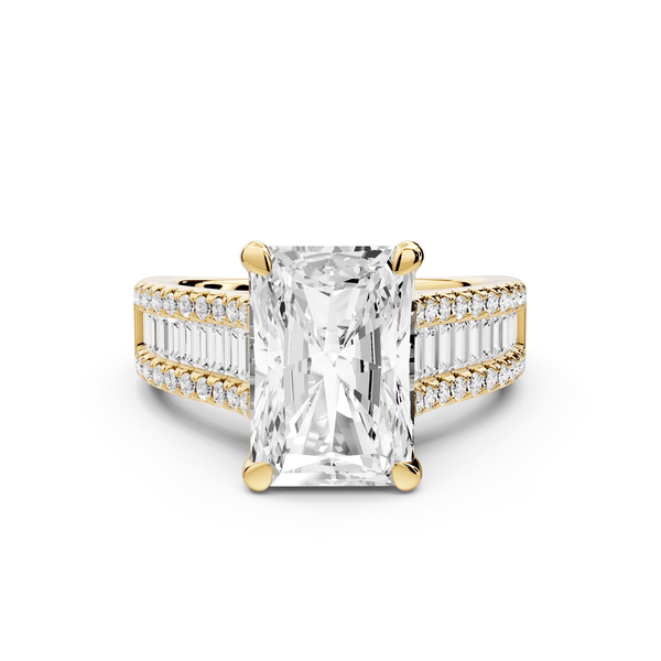 Estelle - 4ct 14k yellow gold radiant diamond with emerald and round cut accent stones half band cathedral engagement ring - Mr. Alex Jewelry