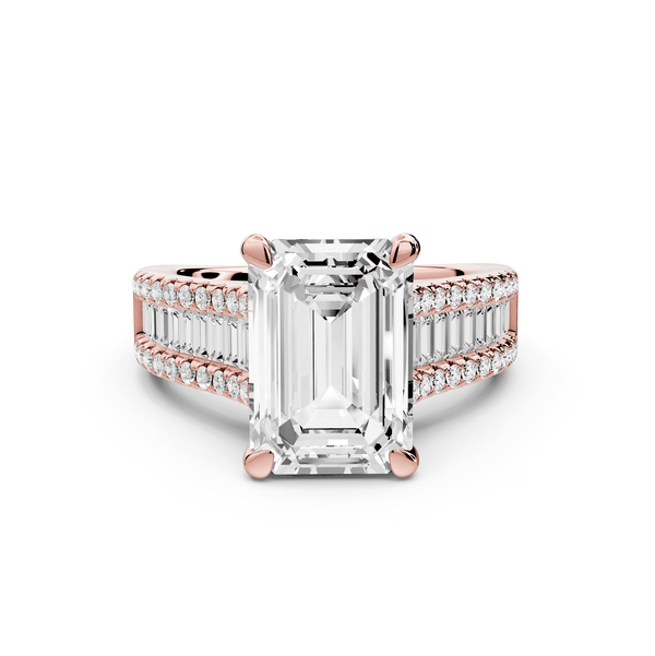 Estelle - 4ct 18k rose gold emerald diamond with emerald and round cut accent stones half band cathedral engagamengt ring - Mr. Alex Jewelry