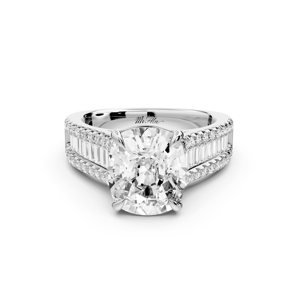 Estelle - 4ct 18k white gold ecushion diamond with emerald and round cut accent stones half band cathedral engagement ring - Mr. Alex Jewelry