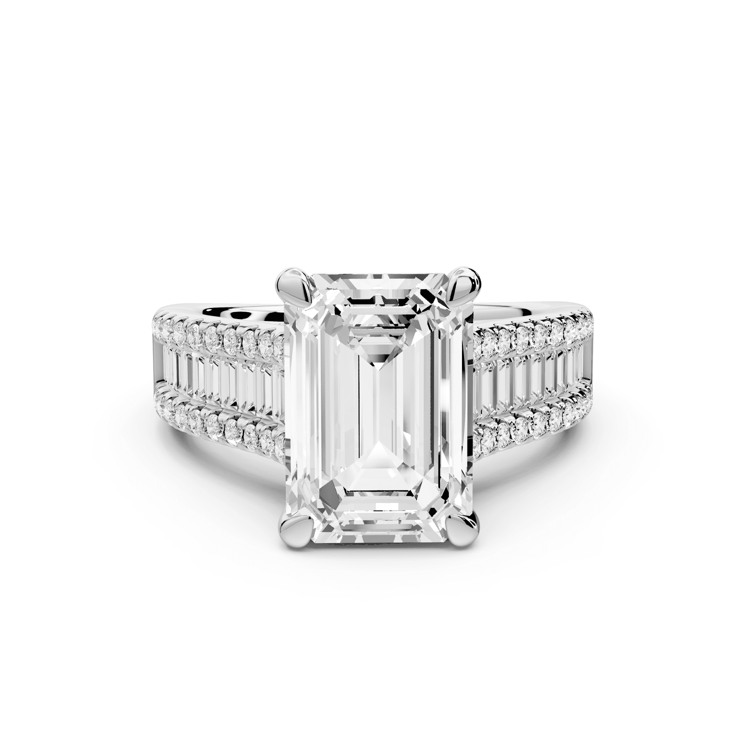 Estelle - 4ct 18k white gold emerald diamond with emerald and round cut accent stones half band cathedral engagamengt ring - Mr. Alex Jewelry