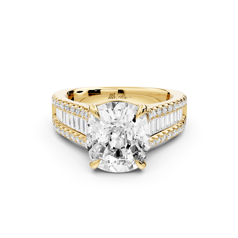 Estelle - 4ct 18k yellow gold ecushion diamond with emerald and round cut accent stones half band cathedral engagement ring - Mr. Alex Jewelry