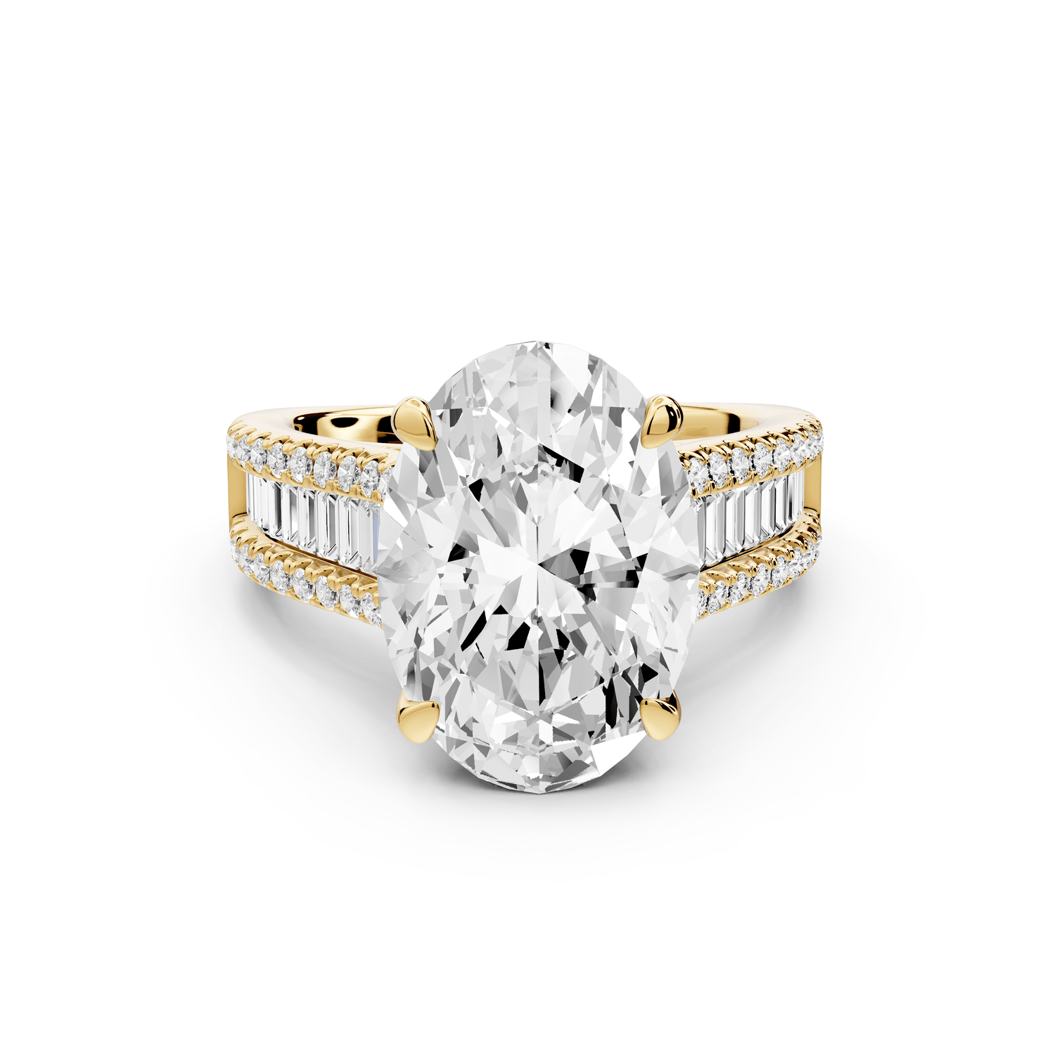 Estelle - 4ct 18k yellow gold oval diamond with emerald and round cut accent stones half band cathedral engagamengt ring - Mr. Alex Jewelry