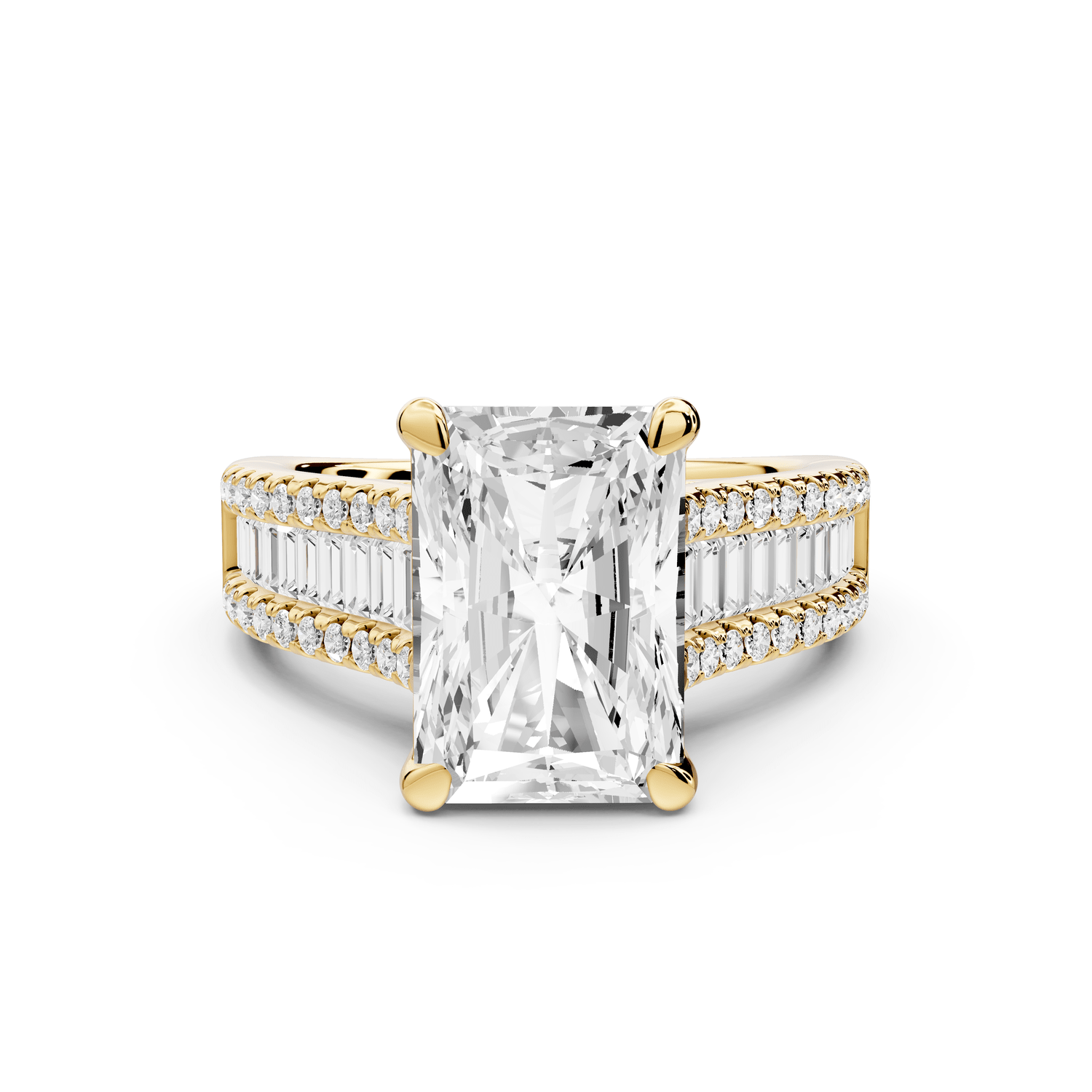 Estelle - 4ct 18k yellow gold radiant diamond with emerald and round cut accent stones half band cathedral engagement ring - Mr. Alex Jewelry