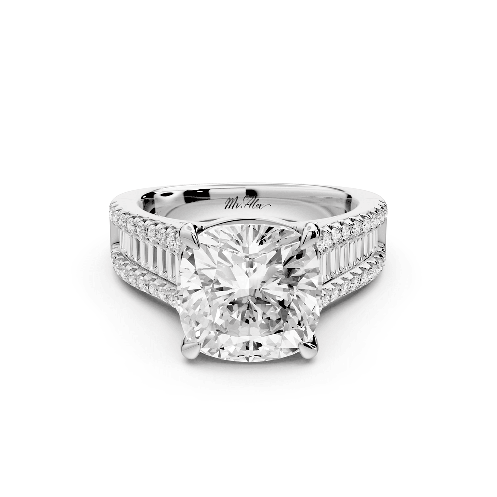 Estelle - 4ct platinum cushion diamond with emerald and round cut accent stones half band cathedral engagement ring - Mr. Alex Jewelry