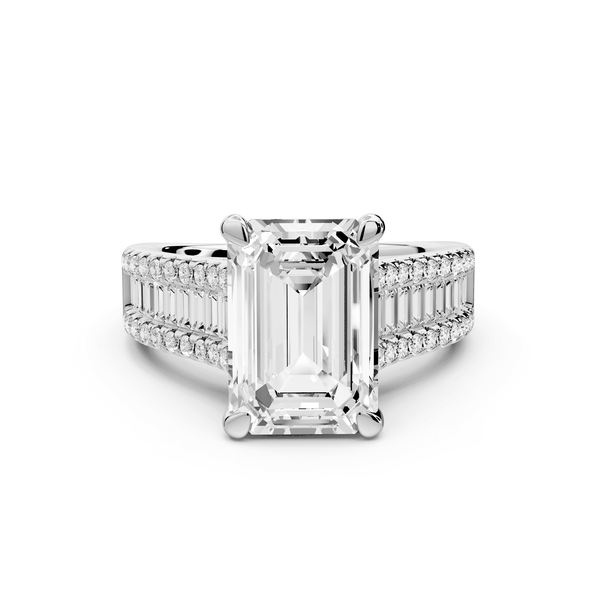 Estelle - 4ct platinum emerald diamond with emerald and round cut accent stones half band cathedral engagamengt ring - Mr. Alex Jewelry