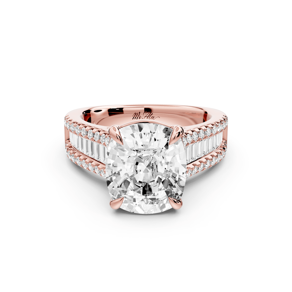Estelle - 5ct 14k rose gold ecushion diamond with emerald and round cut accent stones half band cathedral engagement ring - Mr. Alex Jewelry