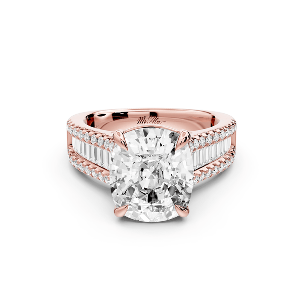 Estelle - 5ct 14k rose gold ecushion diamond with emerald and round cut accent stones half band cathedral engagement ring - Mr. Alex Jewelry