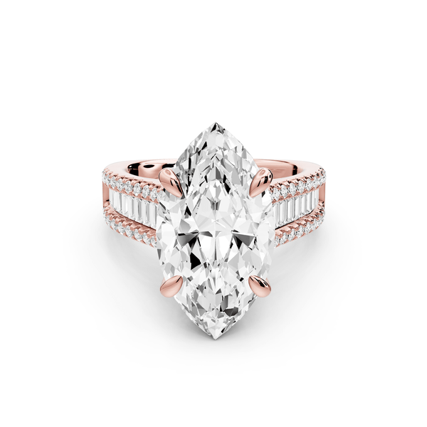 Estelle - 5ct 14k rose gold marquise diamond with emerald and round cut accent stones half band cathedral engagement ring - Mr. Alex Jewelry
