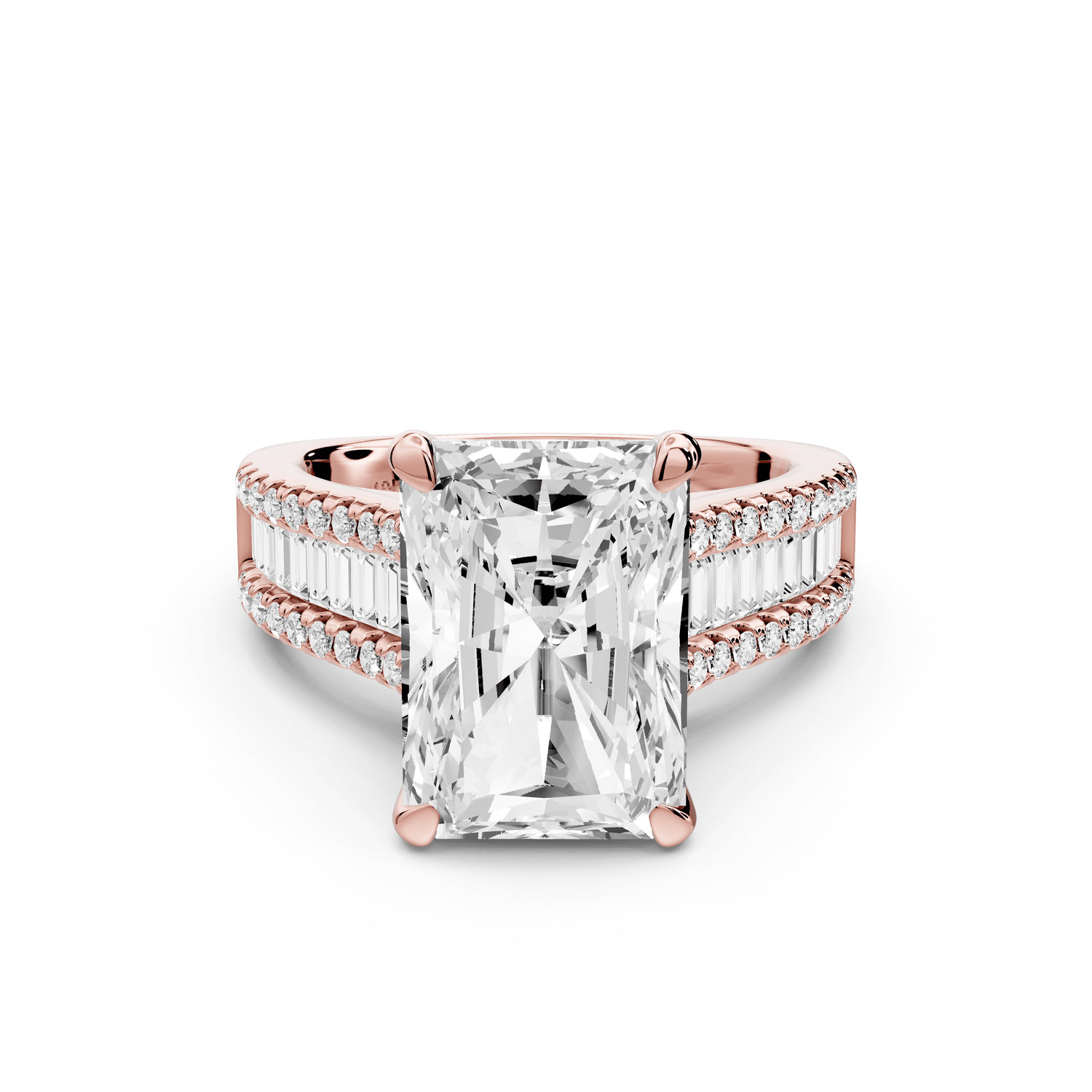 Estelle - 5ct 14k rose gold radiant diamond with emerald and round cut accent stones half band cathedral engagement ring - Mr. Alex Jewelry