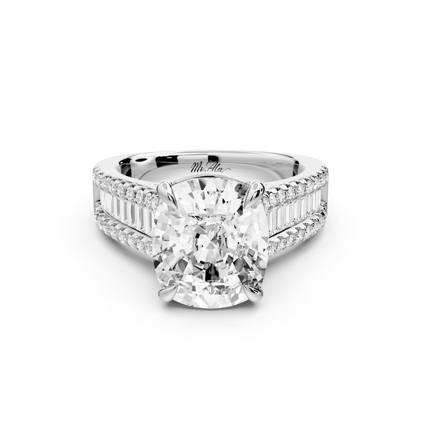 Estelle - 5ct 14k white gold ecushion diamond with emerald and round cut accent stones half band cathedral engagement ring - Mr. Alex Jewelry