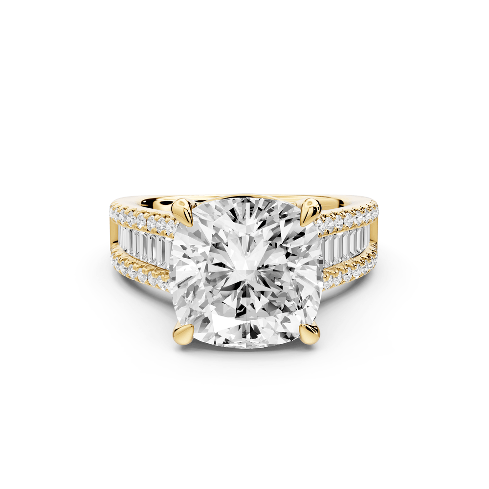Estelle - 5ct 14k yellow gold cushion diamond with emerald and round cut accent stones half band cathedral engagement ring - Mr. Alex Jewelry