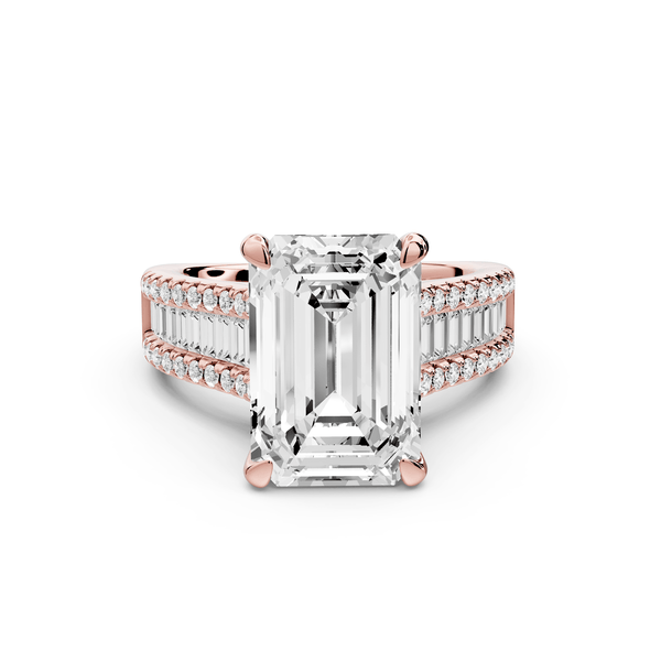 Estelle - 5ct 18k rose gold emerald diamond with emerald and round cut accent stones half band cathedral engagamengt ring - Mr. Alex Jewelry