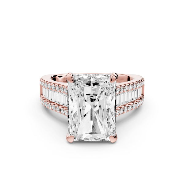 Estelle - 5ct 18k rose gold radiant diamond with emerald and round cut accent stones half band cathedral engagement ring - Mr. Alex Jewelry