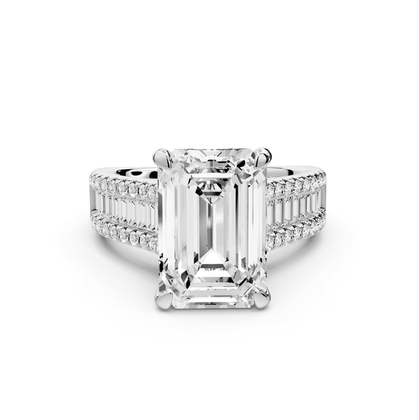 Estelle - 5ct 18k white gold emerald diamond with emerald and round cut accent stones half band cathedral engagamengt ring - Mr. Alex Jewelry