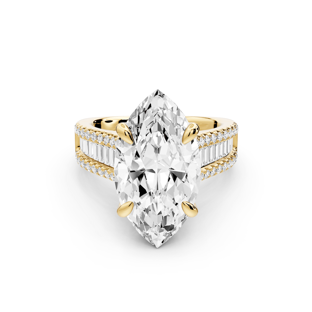 Estelle - 5ct 18k yellow gold marquise diamond with emerald and round cut accent stones half band cathedral engagement ring - Mr. Alex Jewelry