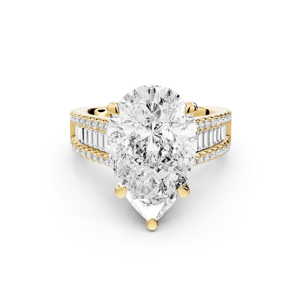 Estelle - 5ct 18k yellow gold pear diamond with emerald and round cut accent stones half band cathedral engagamengt ring - Mr. Alex Jewelry