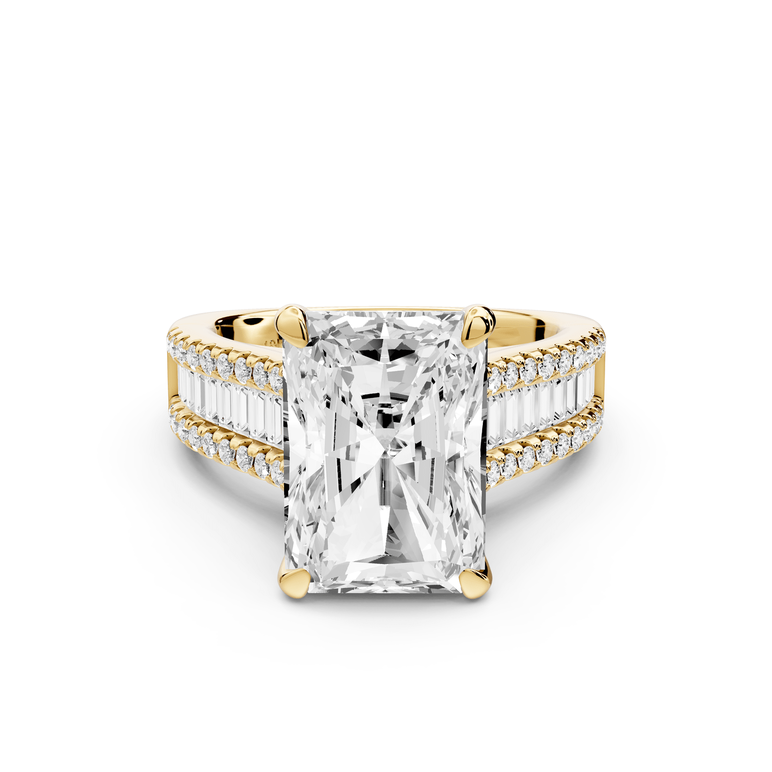 Estelle - 5ct 18k yellow gold radiant diamond with emerald and round cut accent stones half band cathedral engagement ring - Mr. Alex Jewelry