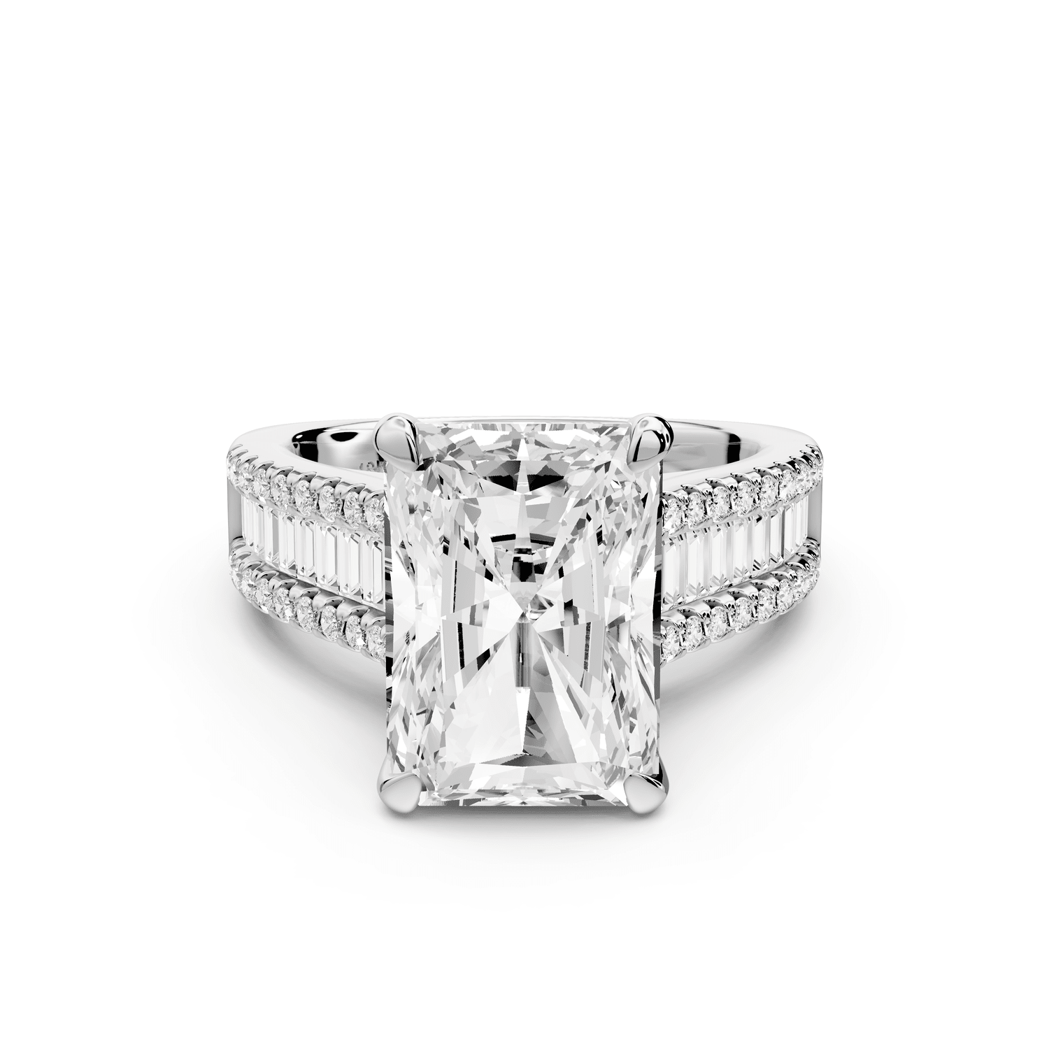 Estelle - 5ct platinum radiant diamond with emerald and round cut accent stones half band cathedral engagement ring - Mr. Alex Jewelry