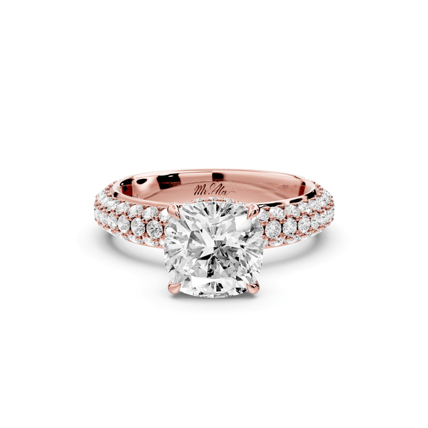 Evelina - 2ct 14k rose gold cushion wrap around Halo Rollover Pavé Diamond Crown Engagement Ring - Mr. Alex Jewelry
