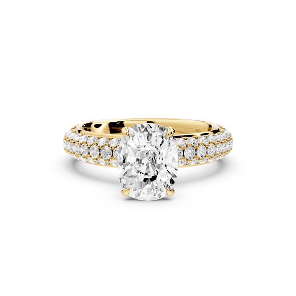 Evelina - 2ct 14k yellow gold ecushion wrap around Halo Rollover Pavé Diamond Crown Engagement Ring - Mr. Alex Jewelry