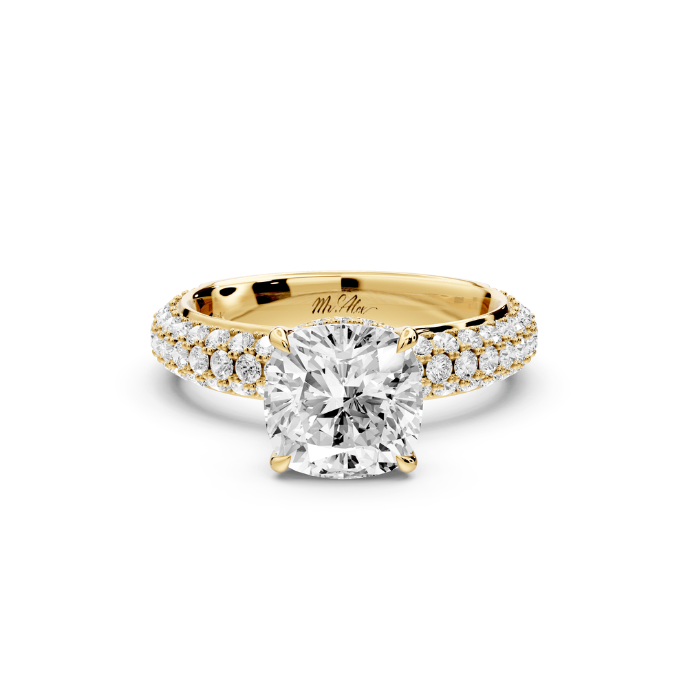 Evelina - 2ct 18k yellow gold cushion wrap around Halo Rollover Pavé Diamond Crown Engagement Ring - Mr. Alex Jewelry