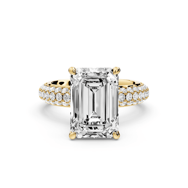 Evelina - 4ct 18k yellow gold emerald wrap around Halo Rollover Pavé Diamond Crown Engagement Ring - Mr. Alex Jewelry