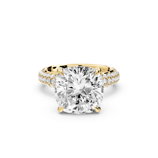 Evelina - 5ct 14k yellow gold cushion wrap around Halo Rollover Pavé Diamond Crown Engagement Ring - Mr. Alex Jewelry