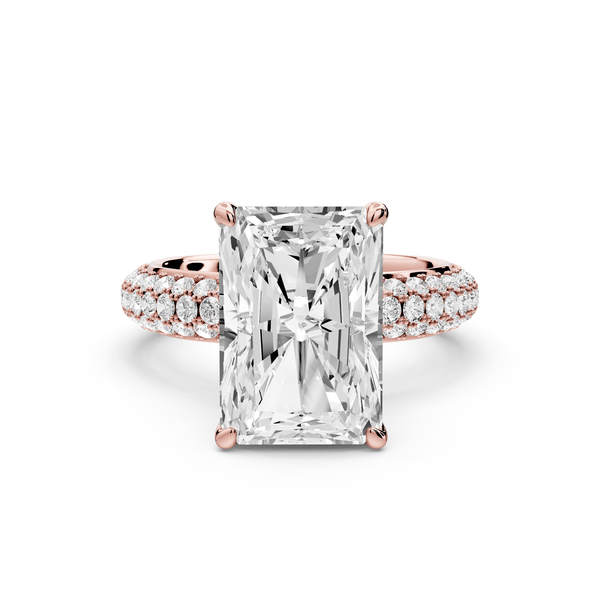Evelina - 5ct 18k rose gold emerald wrap around Halo Rollover Pavé Diamond Crown Engagement Ring - Mr. Alex Jewelry