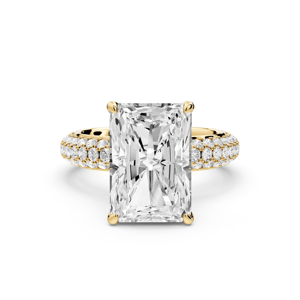 Evelina - 5ct 18k yellow gold emerald wrap around Halo Rollover Pavé Diamond Crown Engagement Ring - Mr. Alex Jewelry