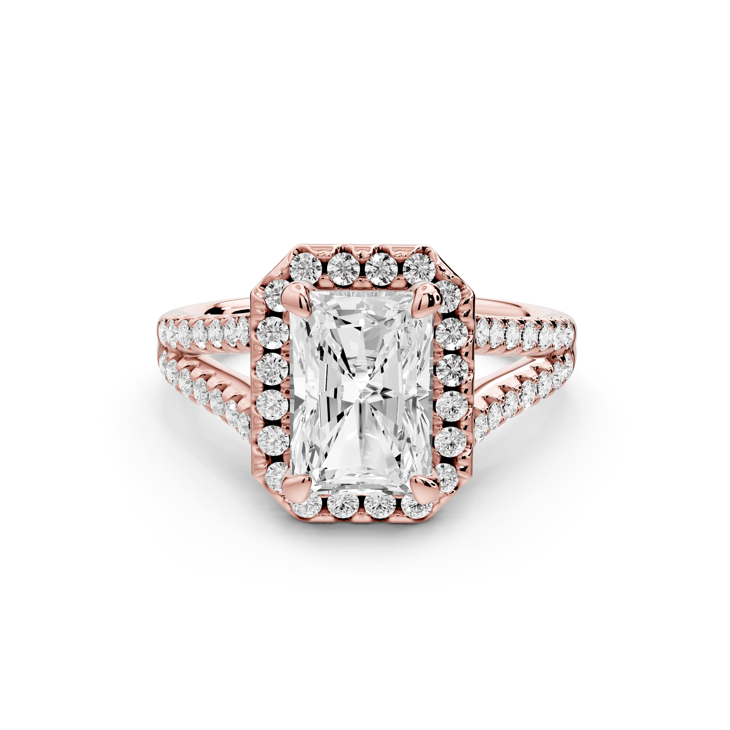 Gabrielle - 2ct 14k rose gold radiant Diamond Graduated Halo Pavé Split Shank Engagement Ring - Mr. Alex Jewelry