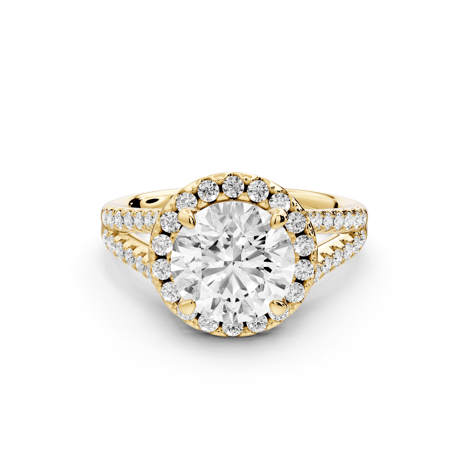 Gabrielle - 2ct 14k yellow gold round Diamond Graduated Halo Pavé Split Shank Engagement Ring - Mr. Alex Jewelry