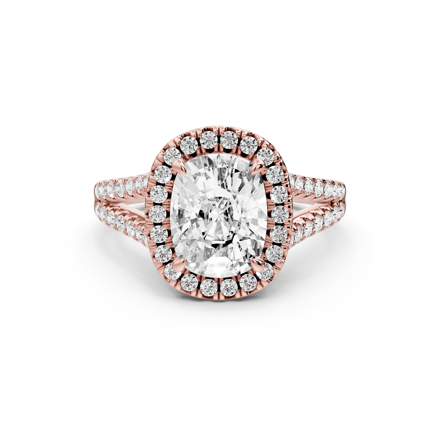 Gabrielle - 2ct 18k rose gold ecushion Diamond Graduated Halo Pavé Split Shank Engagement Ring - Mr. Alex Jewelry