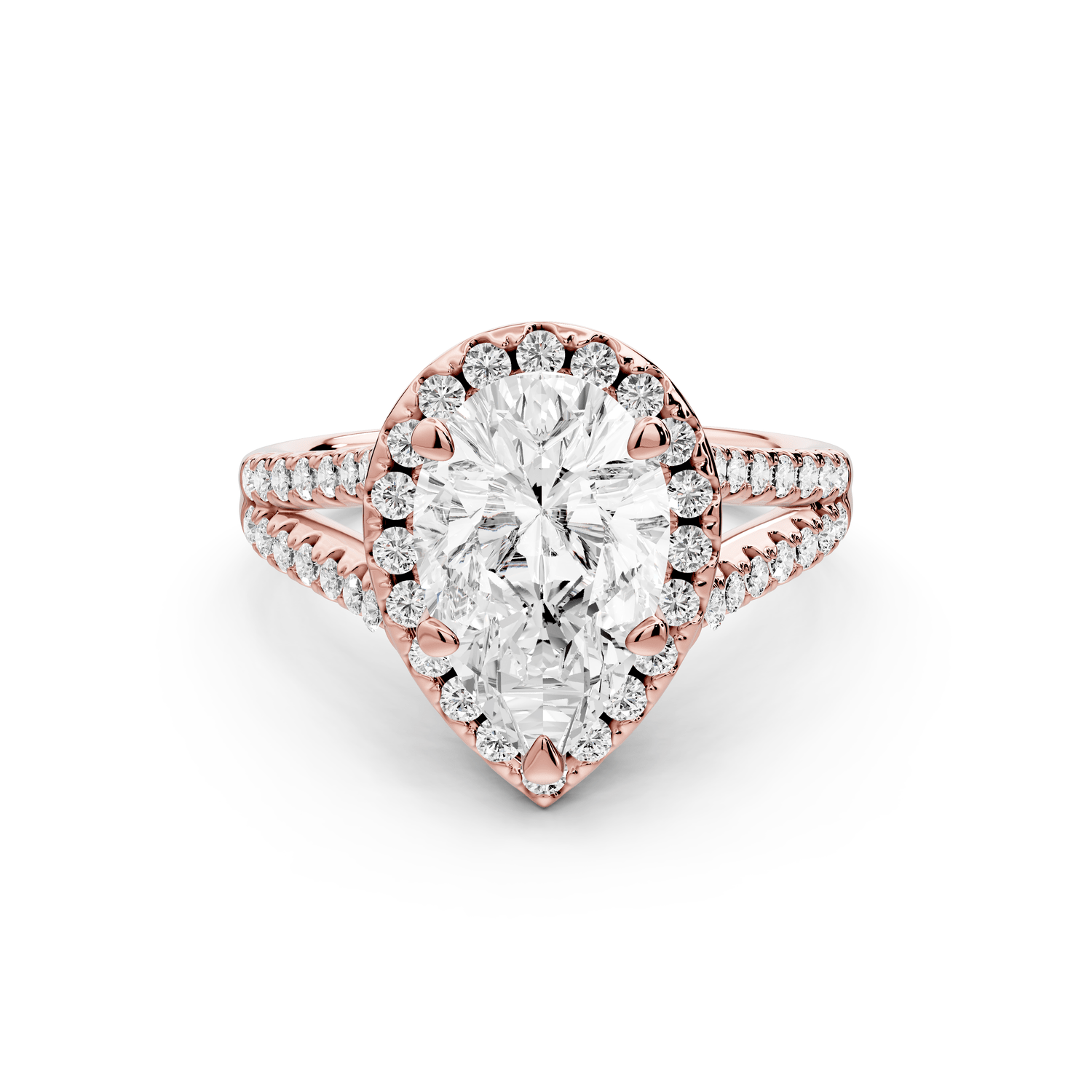 Gabrielle - 2ct 18k rose gold pear Diamond Graduated Halo Pavé Split Shank Engagement Ring - Mr. Alex Jewelry