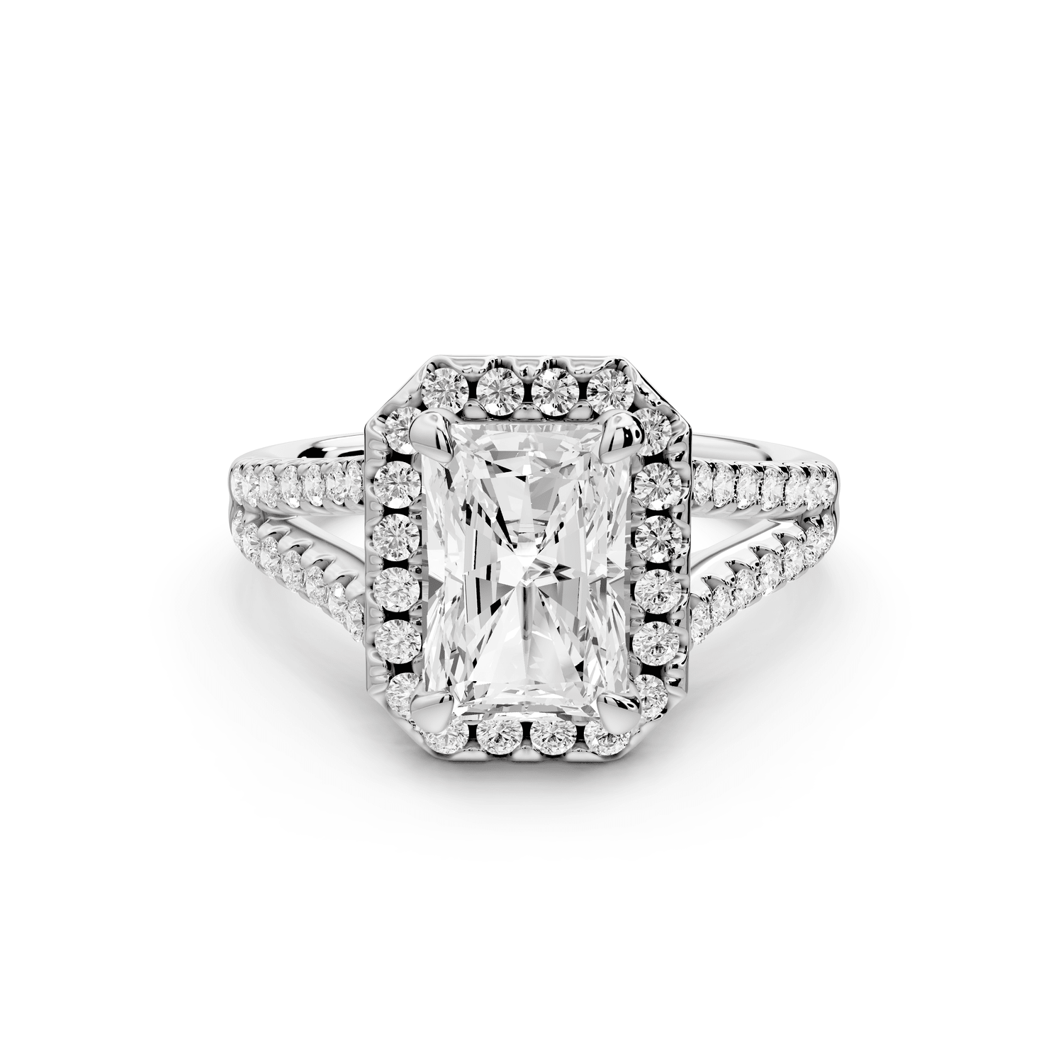 Gabrielle - 2ct 18k white gold radiant Diamond Graduated Halo Pavé Split Shank Engagement Ring - Mr. Alex Jewelry