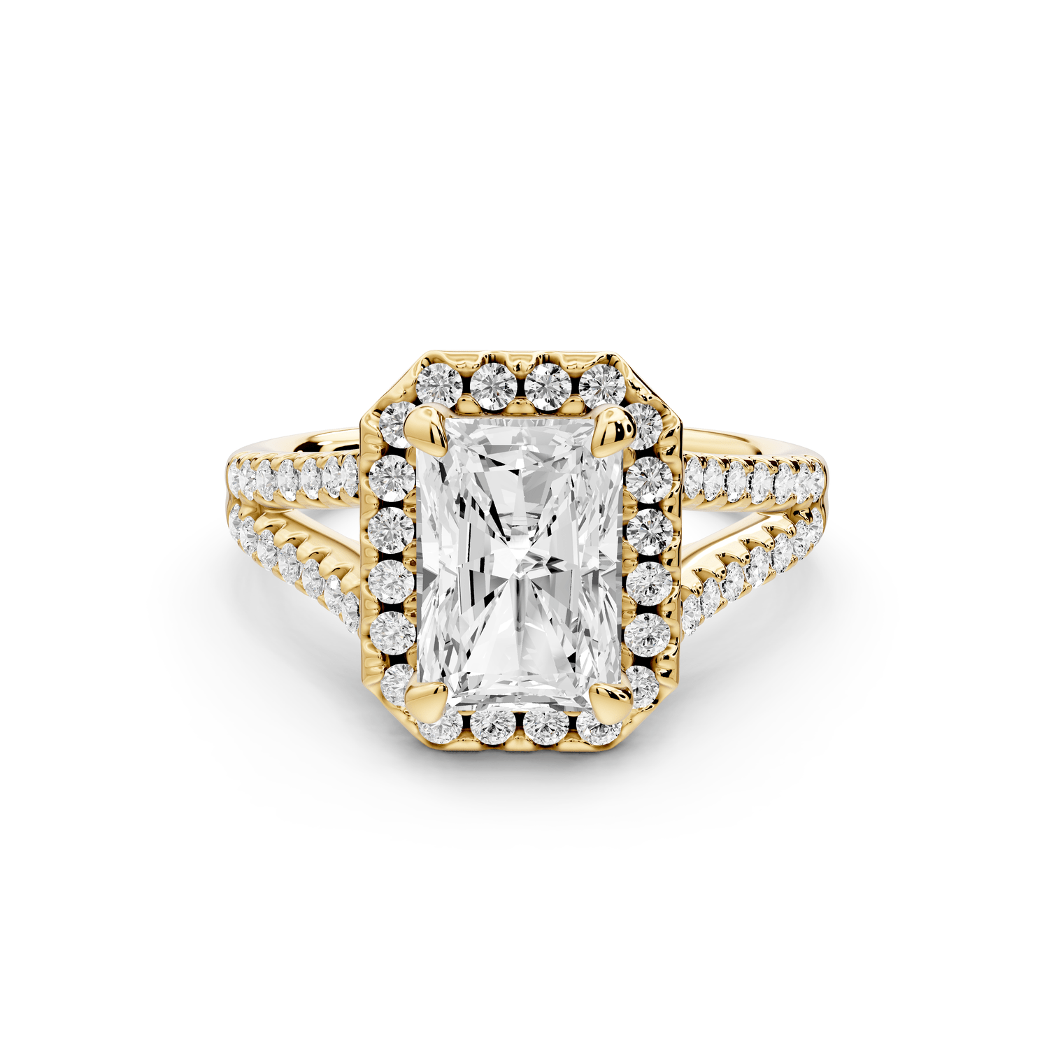 Gabrielle - 2ct 18k yellow gold radiant Diamond Graduated Halo Pavé Split Shank Engagement Ring - Mr. Alex Jewelry